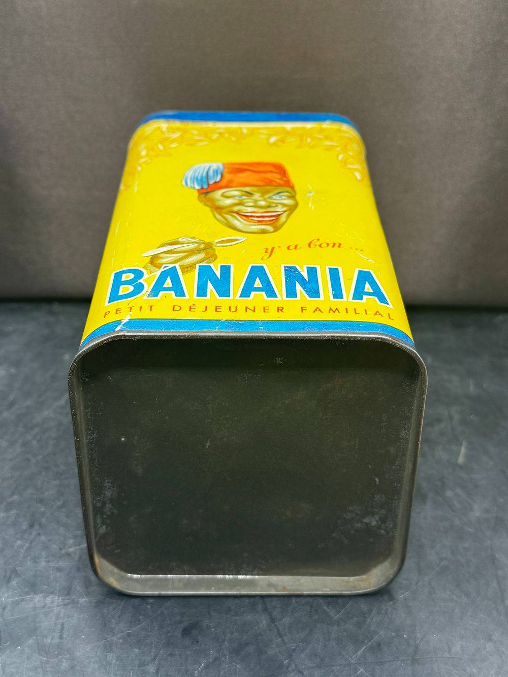 Ancienne boite publicitaire en métal/tôle lithographiée - Banania - Jaune - Graphie de Sepo - Farine - Chocolat - Café - Déco - Collection – Image 6