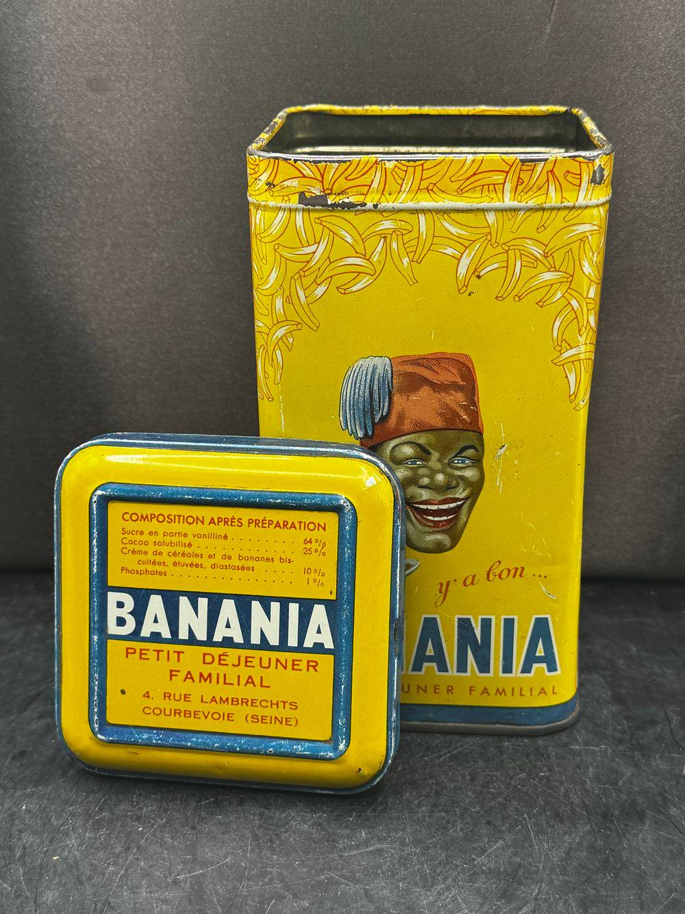 Ancienne boite publicitaire en métal/tôle lithographiée - Banania - Jaune - Graphie de Sepo - Farine - Chocolat - Café - Déco - Collection – Image 7