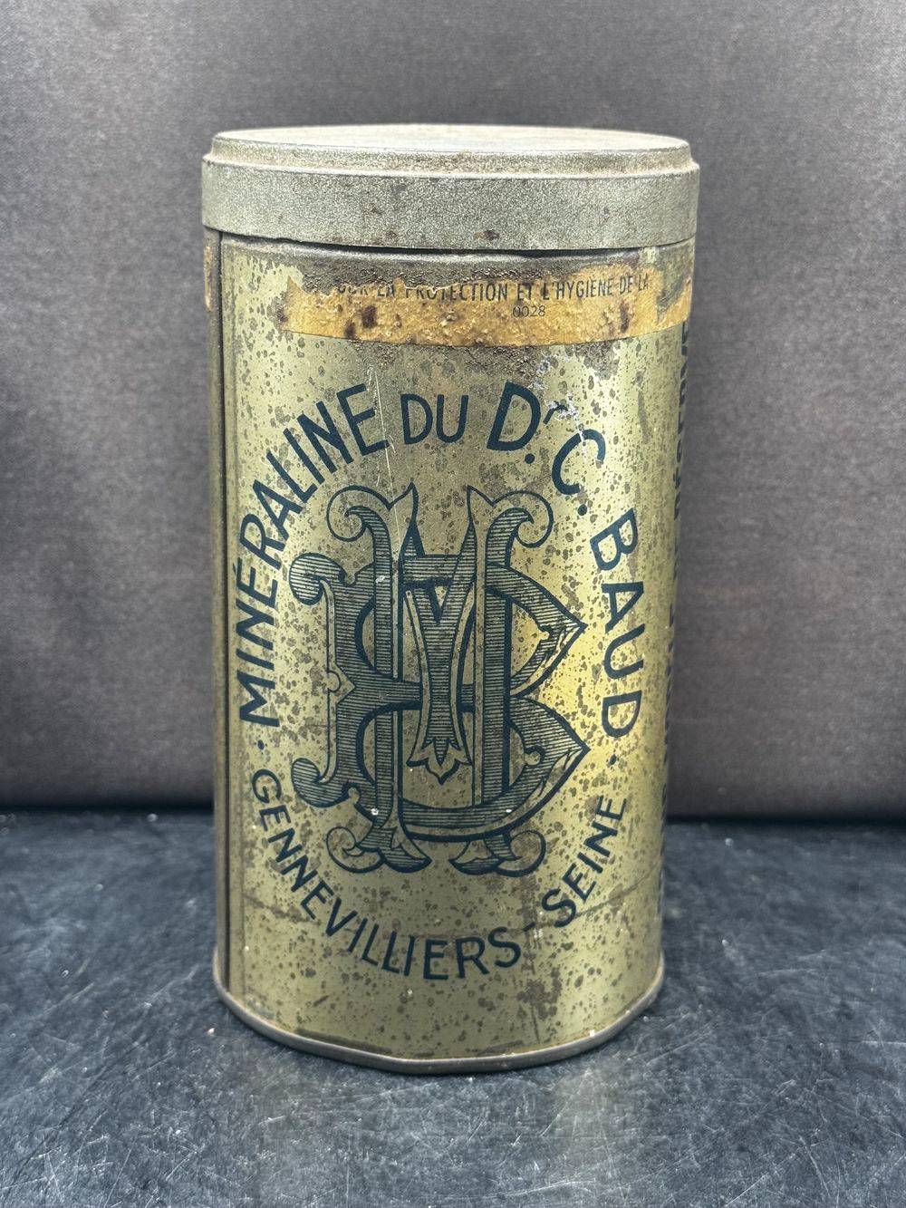 Ancienne boite cylindrique publicitaire en métal/tôle lithographiée - Minéraline du Docteur C. Baud - Gennevilliers - Déco - Collection - France – Image 2
