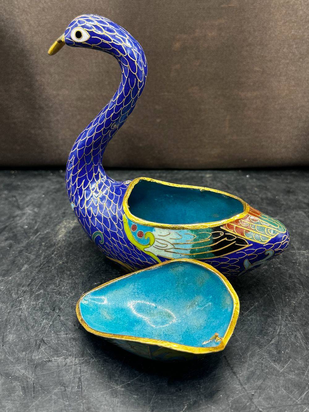Figurine ou boite à bijoux représentant un cygne Canard en Emaux cloisonnés et laiton massif - Chine - Collection - Décoration – Image 6