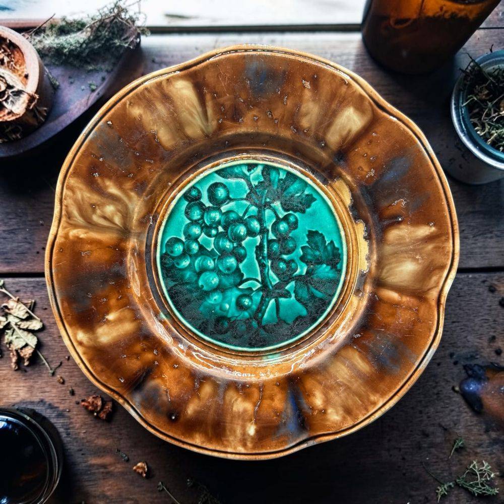 Rare et magnifique Assiette en céramique datant du 19ème siècle - Emaux de Rubbelles (77) - Décor grappes de raisin - Décoration - Collection