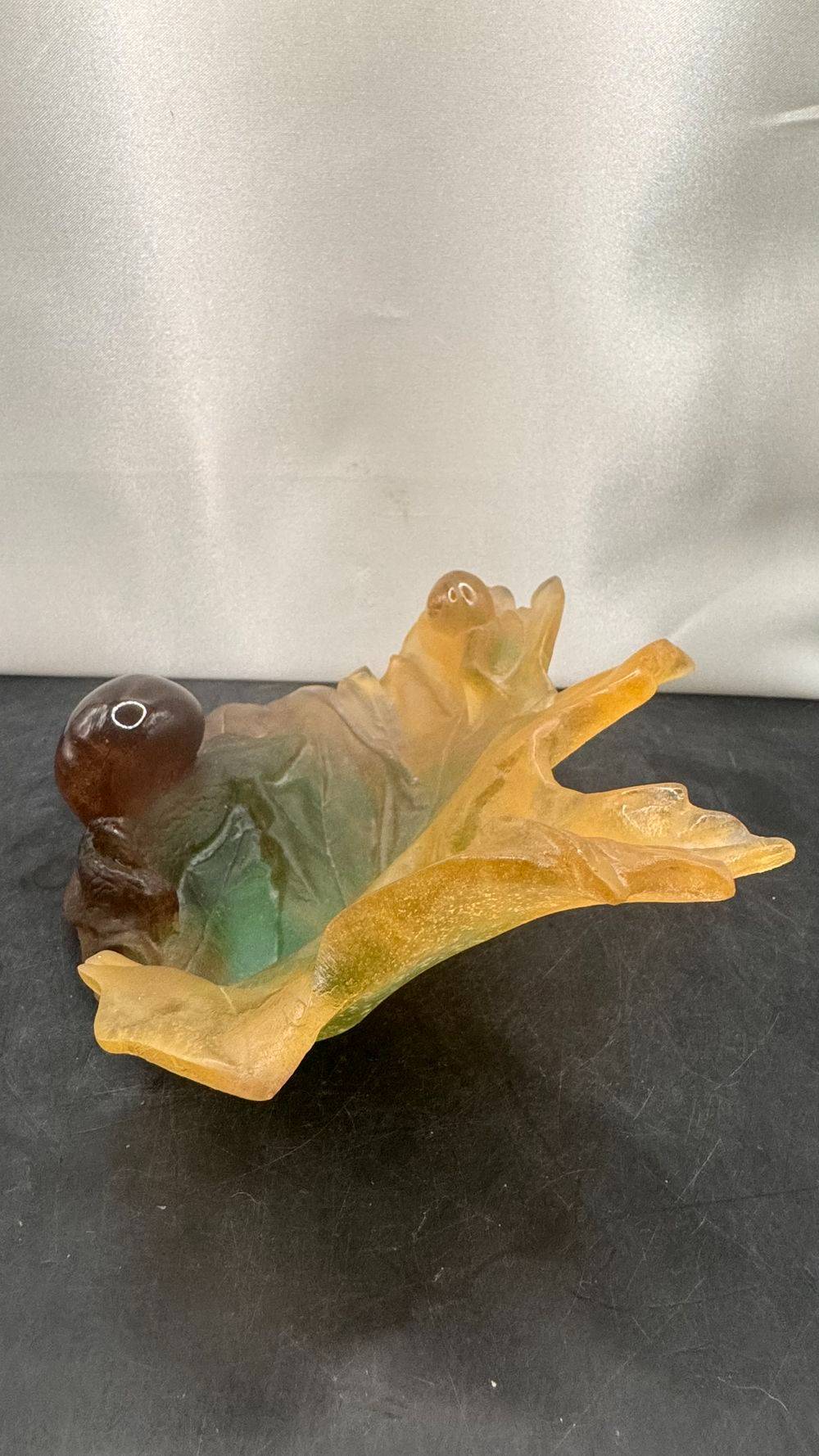 Maison Daum France - Rare Vide-poche en pâte de cristal marbré - vert et brun - Représentant deux escargots sur une feuille - Style Art Nouveau de l'École de Nancy - Signé - Des années 70/80 - Collection - Décoration - Vintage – Image 7
