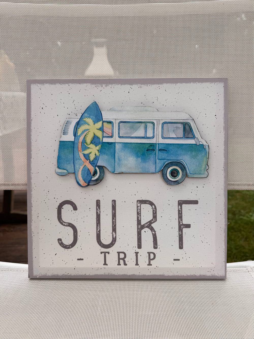 Plaque surf trip combi en bois et toile - 28x28 - Décoration - Surfing - Waves