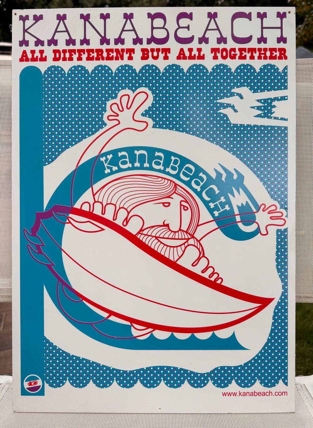 Rare plaque "Surf - Visuel publicitaire vintage de la marque bretonne de Surfwear KanaBeach avec le slogan All different but all together " en pvc - 37x50 - Décoration - Collection - Surfing - Beach - Waves