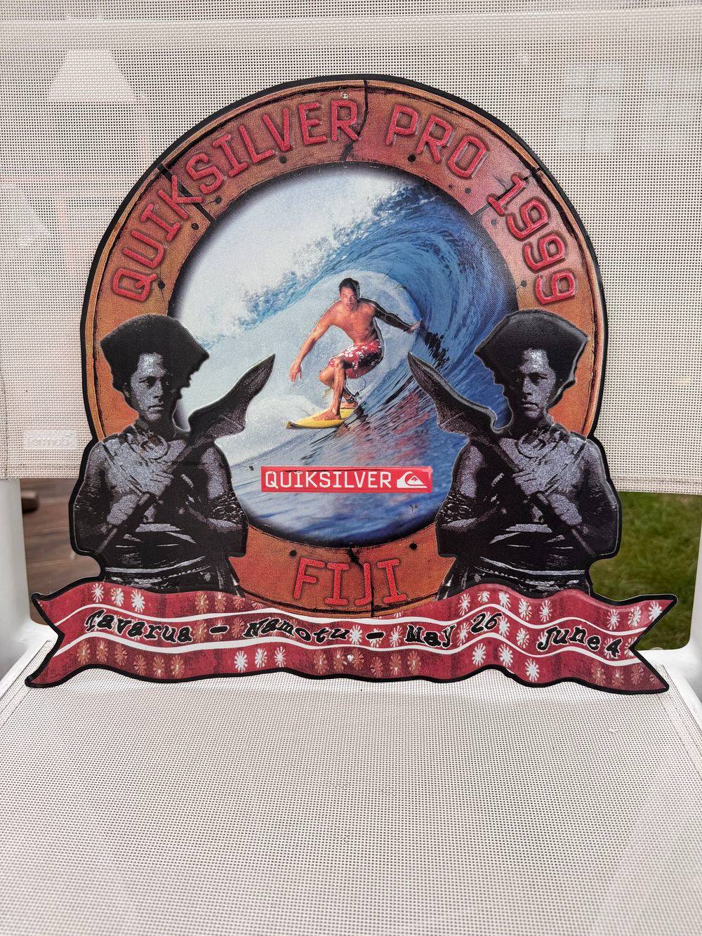 Rare plaque publicitaire vintage en métal - Surf - Quiksilver Pro Fiji 1999 - Tavarua et Namotu - 26 mai au 4 juin - 37x41 - Décoration - Collection - Surfing - Beach - Waves