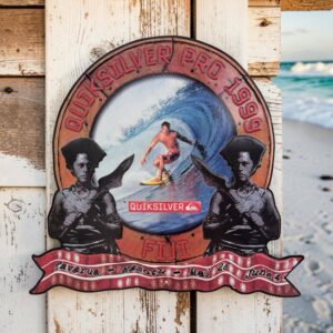 Rare plaque publicitaire vintage en métal - Surf - Quiksilver Pro Fiji 1999 - Tavarua et Namotu - 26 mai au 4 juin - 37x41 - Décoration - Collection - Surfing - Beach - Waves