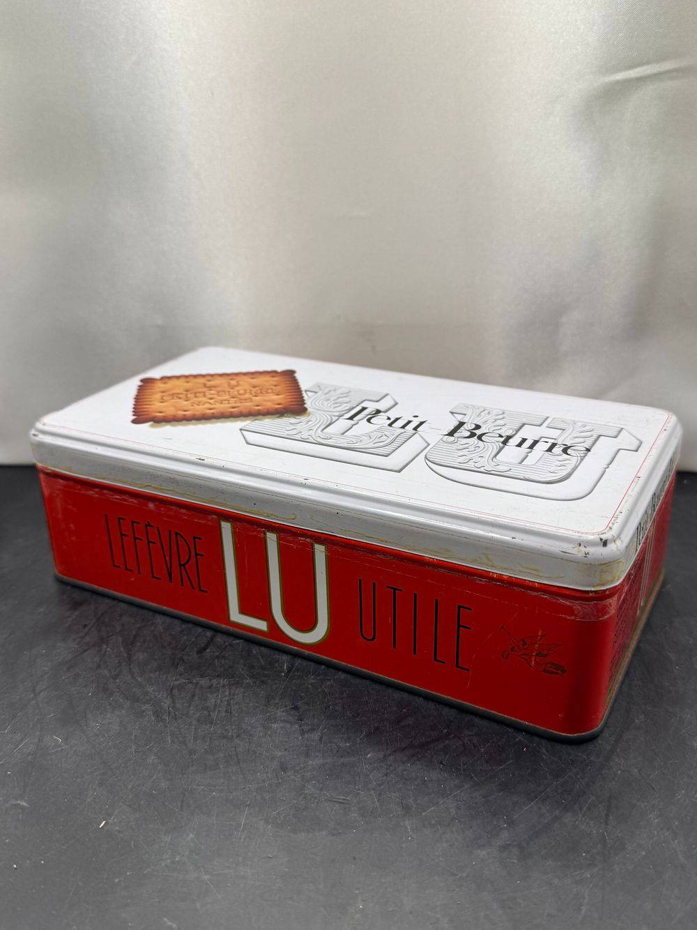 Ancienne boite à gâteaux publicitaire en métal/tôle - Petit beurre LU - Rouge et blanche - Déco - Collection - Rare – Image 2