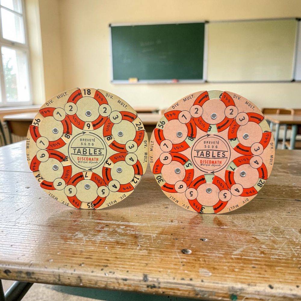 Lot / ensemble de deux Discomath originaux - Outils pédagogiques mécaniques en carton conçus pour l'apprentissage des tables de multiplication et de division - Des années 50/60 - Signé et estampillé - Collection - Décoration - Vintage
