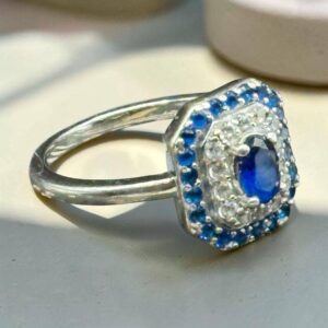 Bague Argent Rhodié 925/1000 Octogonale sertie de spinelles synthétique bleues et d'oxydes de zirconium - Taille 57 - Collection - Bijoux