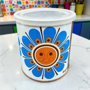 Boîte cylindrique en métal lithographié - Maison Legal - Motif de fleur-soleil stylisée design « Flower Power » des années 1970 - Déco - Collection - Vintage